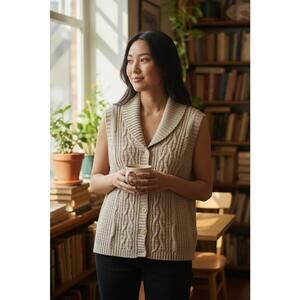 Woolrich Cable Knit Sweater Vest Womens L Shawl Collar Button Stone